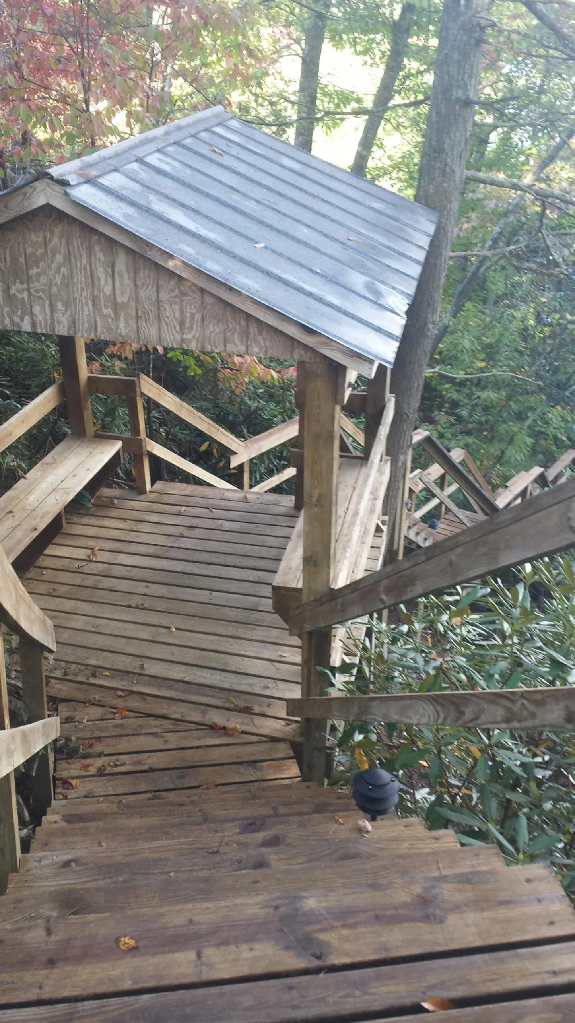 Metal roofed shelter over wooden steps on a wooded walkway — Skylight Repair & Installation work by our crew in Hawley
